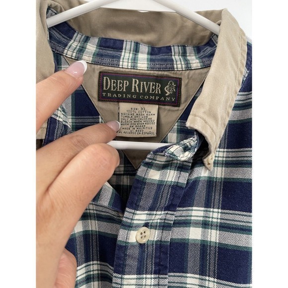 Men's Blue Plaid Shirt With Khaki Collar By Deep River Trading Co. Size XL - Picture 2 of 6